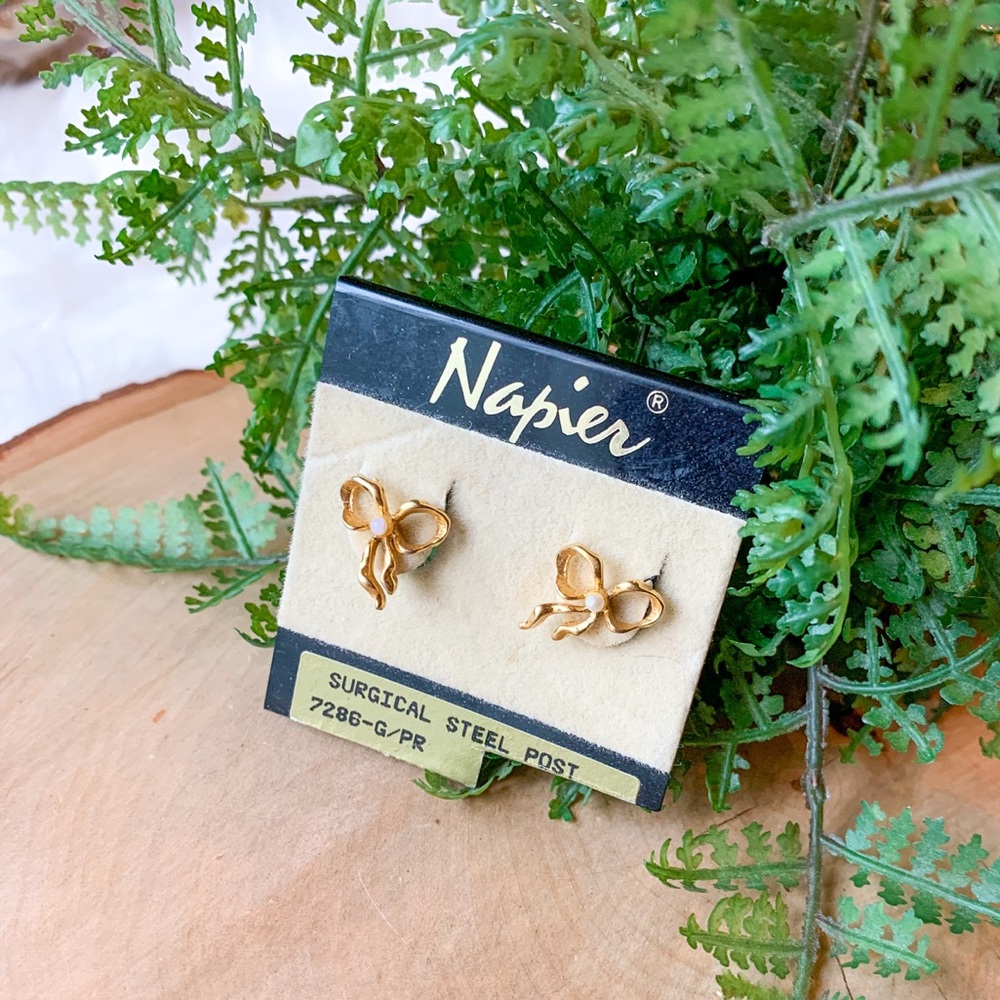 Vintage Napier Gold Ribbon Bow Pearl Post Earrings
